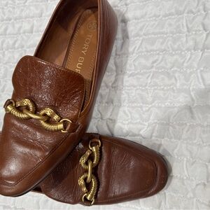 Tory Burch Brown Leather Loafers with Gold Chain
